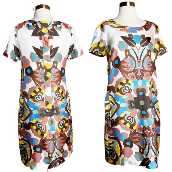 SEE BY CHLOE Silk Dress Short Sleeves Abstract Floral Shift Ivory 70s 6 /42 EUC - Picture 2 of 9